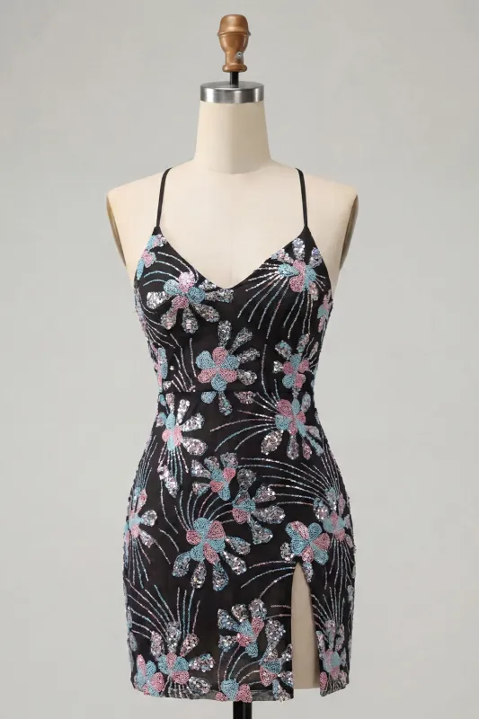 Black Bodycon Spaghetti Straps Sequins Floral Short Homecoming Dress with Slit made by Zapaka
