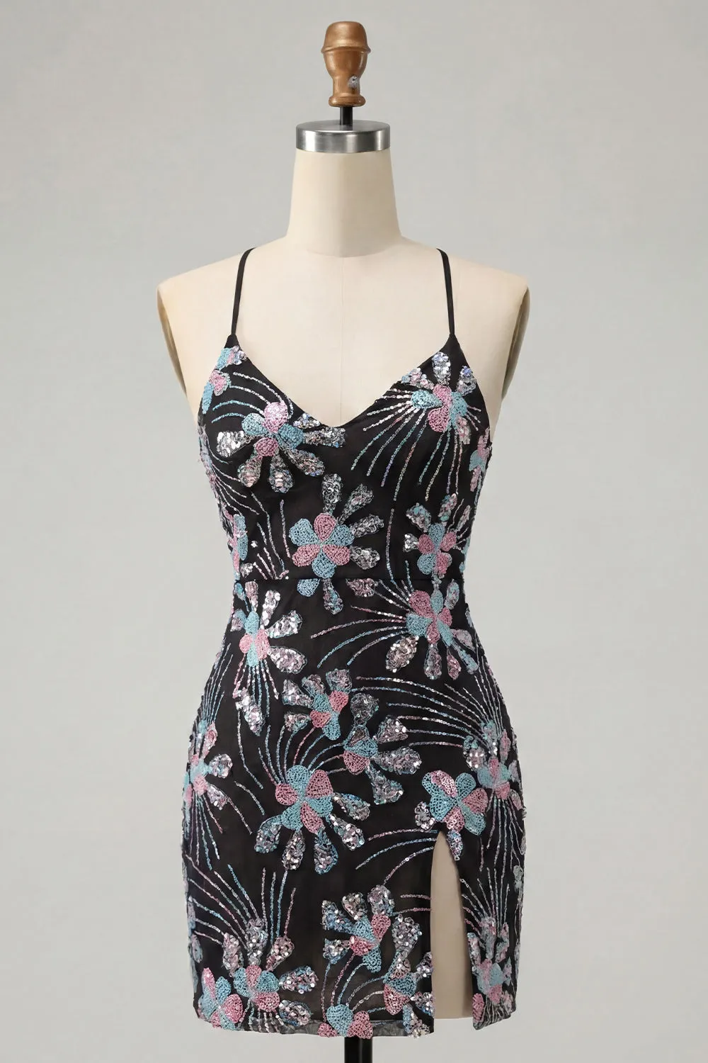 Black Bodycon Spaghetti Straps Sequins Floral Short Homecoming Dress with Slit sold by Zapaka