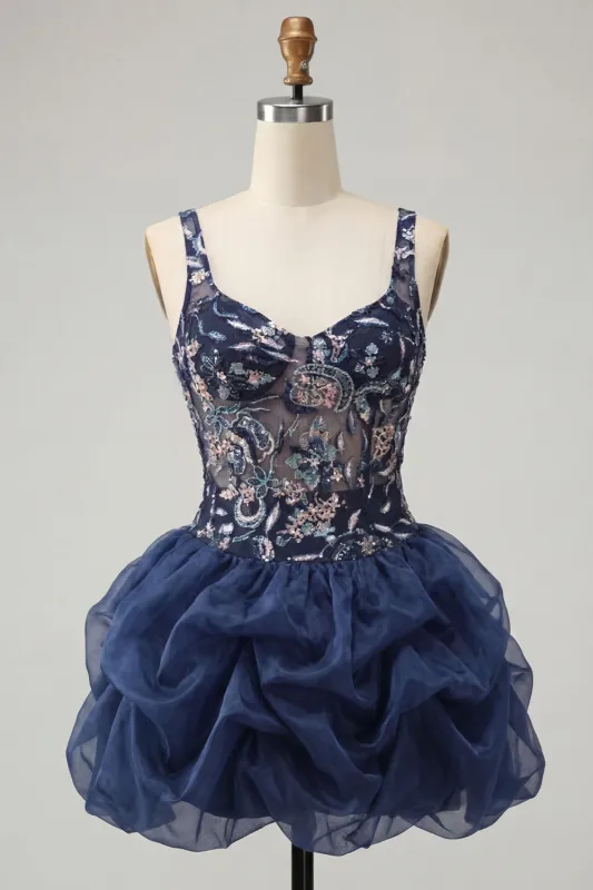A-Line Navy Sequins Floral Thick Straps Short Homecoming Dress made by Zapaka
