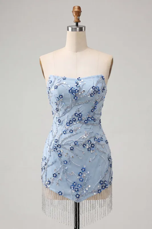 Strapless Blue Sequins Floral Short Homecoming Dress with Fringes made by Zapaka