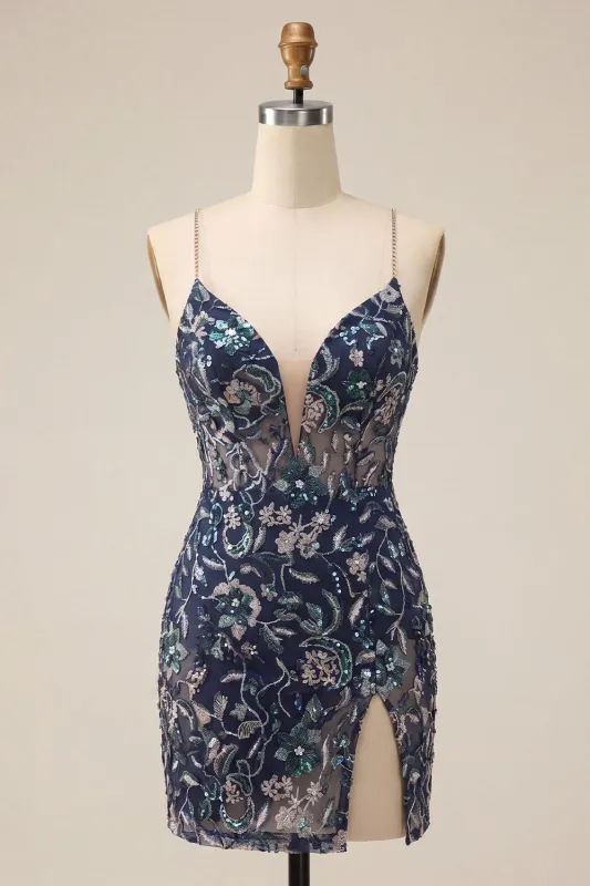 Bodycon Navy Sequins Floral Spaghetti Straps Short Homecoming Dress with Slit made by Zapaka