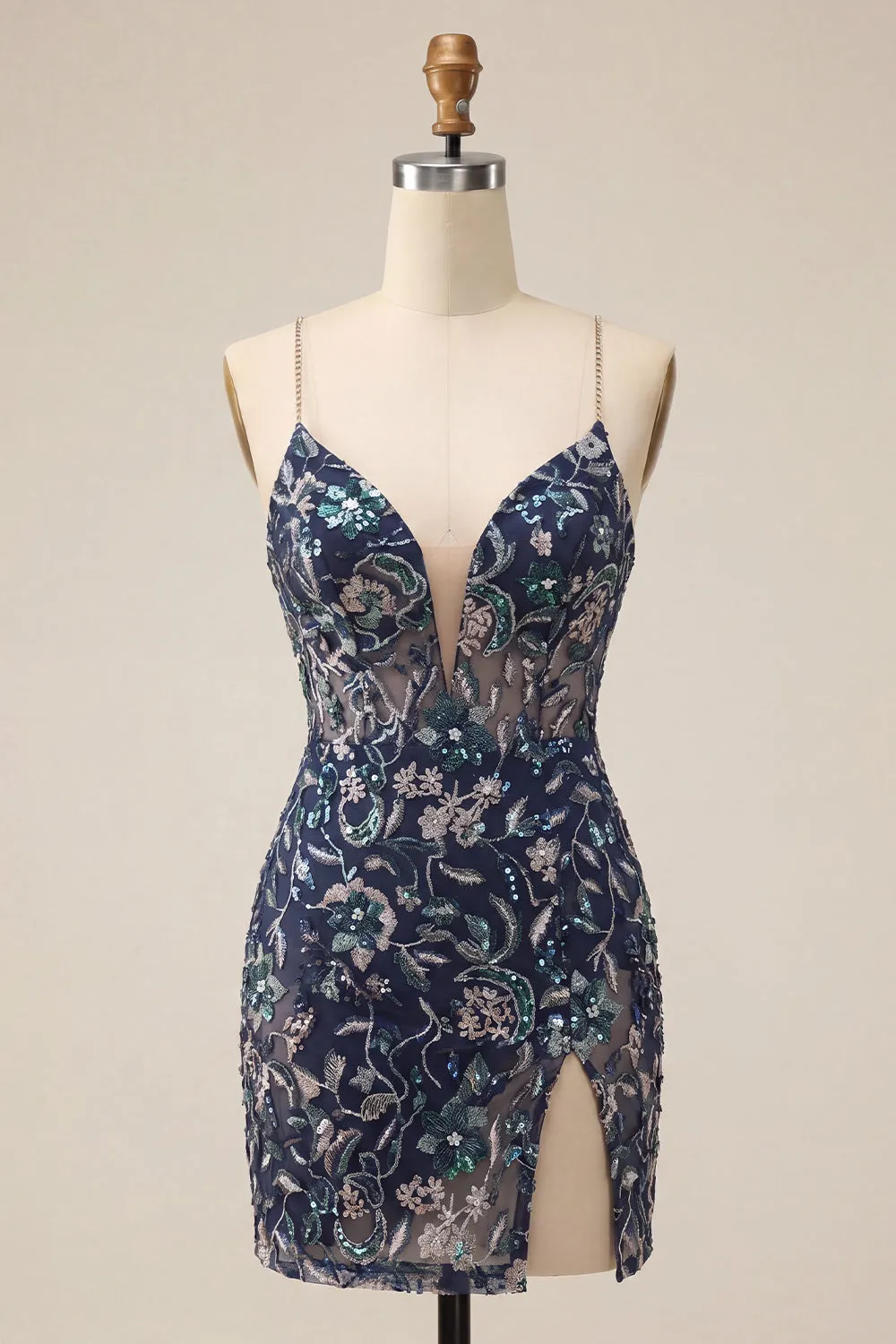 Bodycon Navy Sequins Floral Spaghetti Straps Short Homecoming Dress with Slit sold by Zapaka