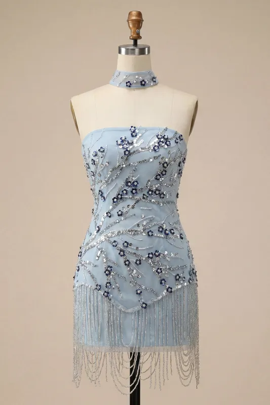 Dusty Blue Strapless Bodycon Floral Sequins Short Homecoming Dress with Fringes made by Zapaka