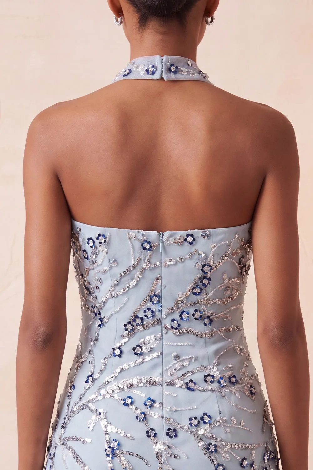 Dusty Blue Strapless Bodycon Floral Sequins Short Homecoming Dress with Fringes sold by Zapaka product image thumbnail 5