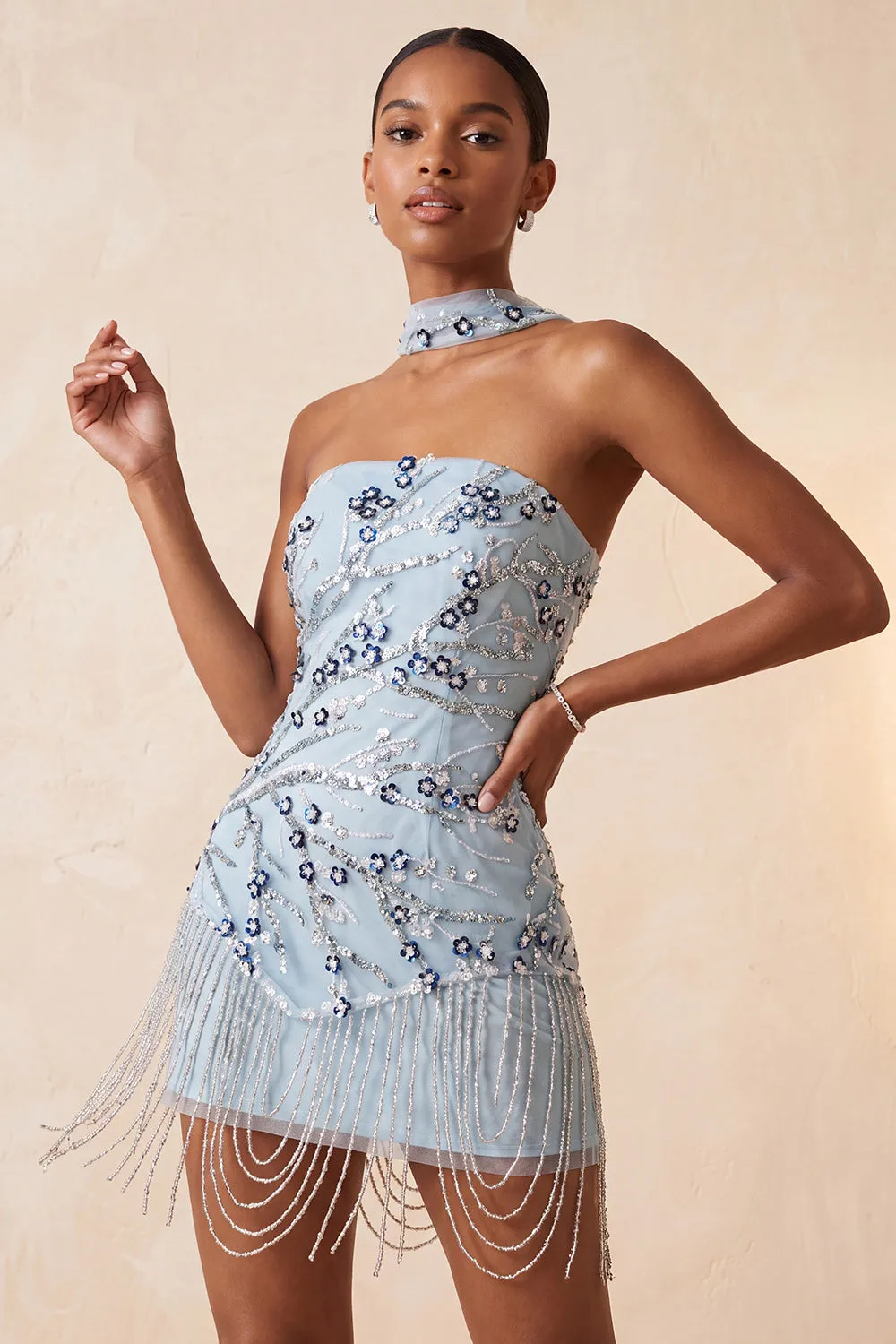 Dusty Blue Strapless Bodycon Floral Sequins Short Homecoming Dress with Fringes sold by Zapaka product image thumbnail 2