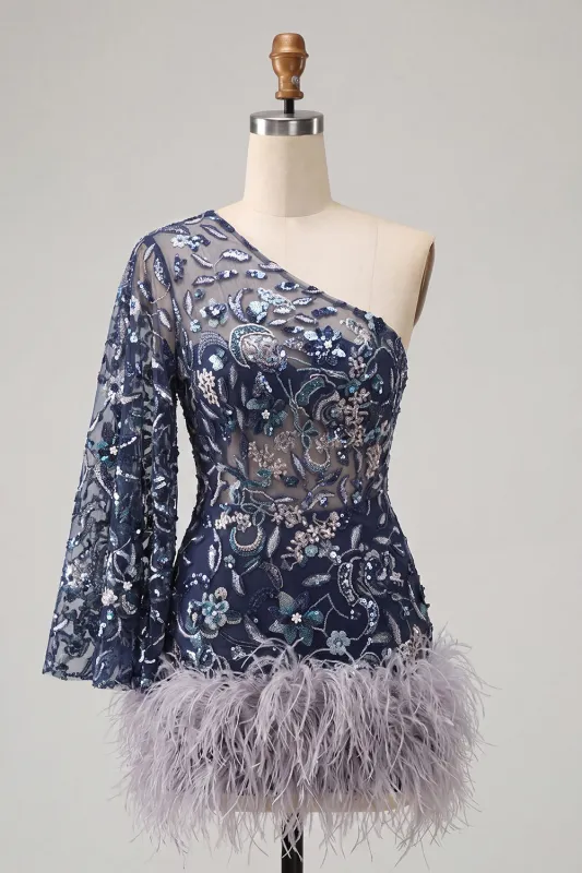 Navy One Shoulder Bodycon Floral Sequins Short Homecoming Dress with Feathers made by Zapaka