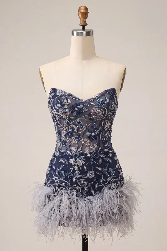 Strapless Navy Bodycon Sequins Short Homecoming Dress with Feathers made by Zapaka