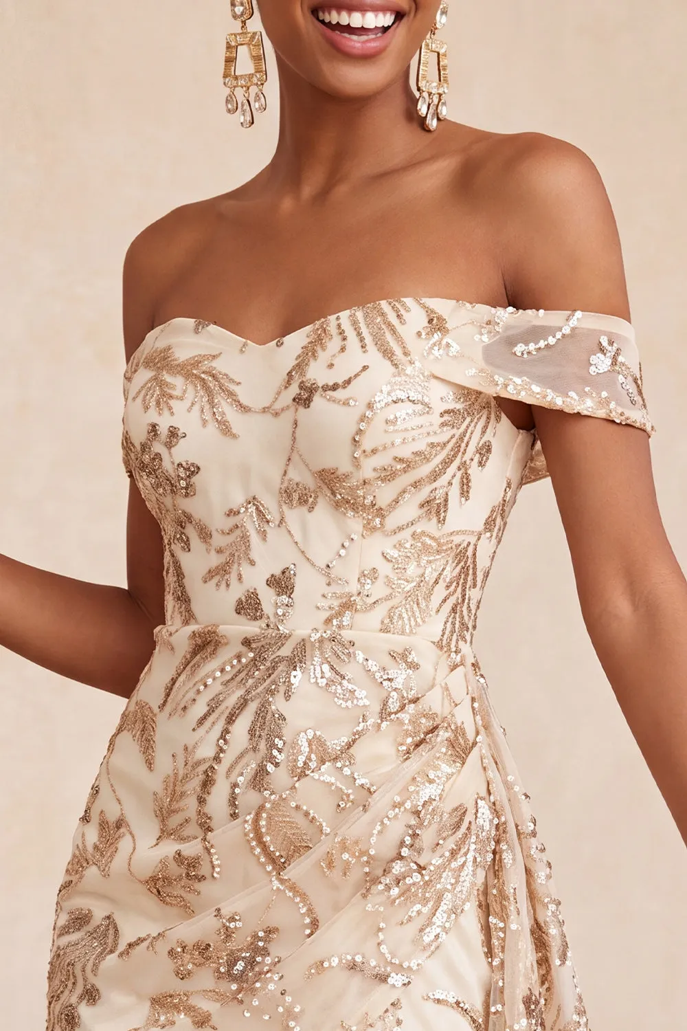 Off the Shoulder Champagne Bodycon Sequins Short Homecoming Dress with Sash sold by Zapaka product image thumbnail 4