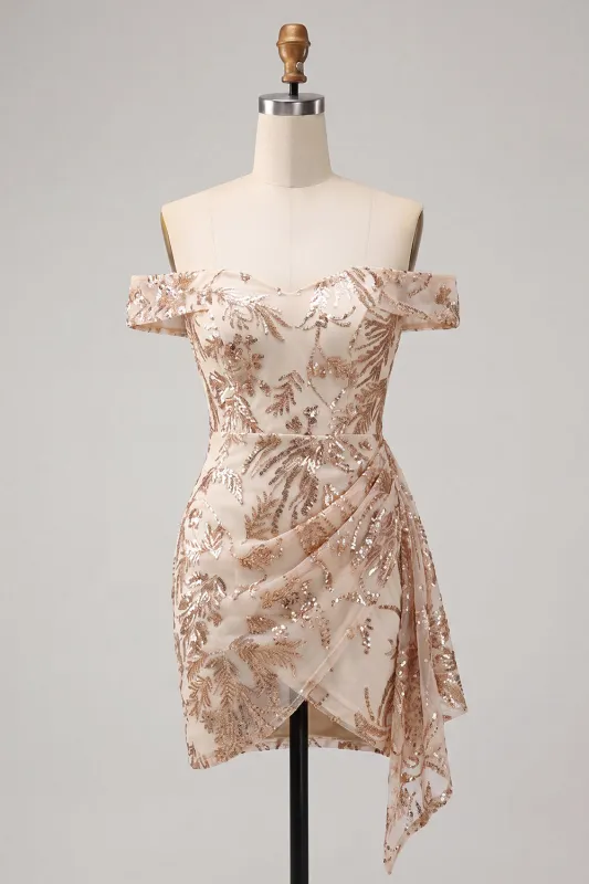 Off the Shoulder Champagne Bodycon Sequins Short Homecoming Dress with Sash made by Zapaka