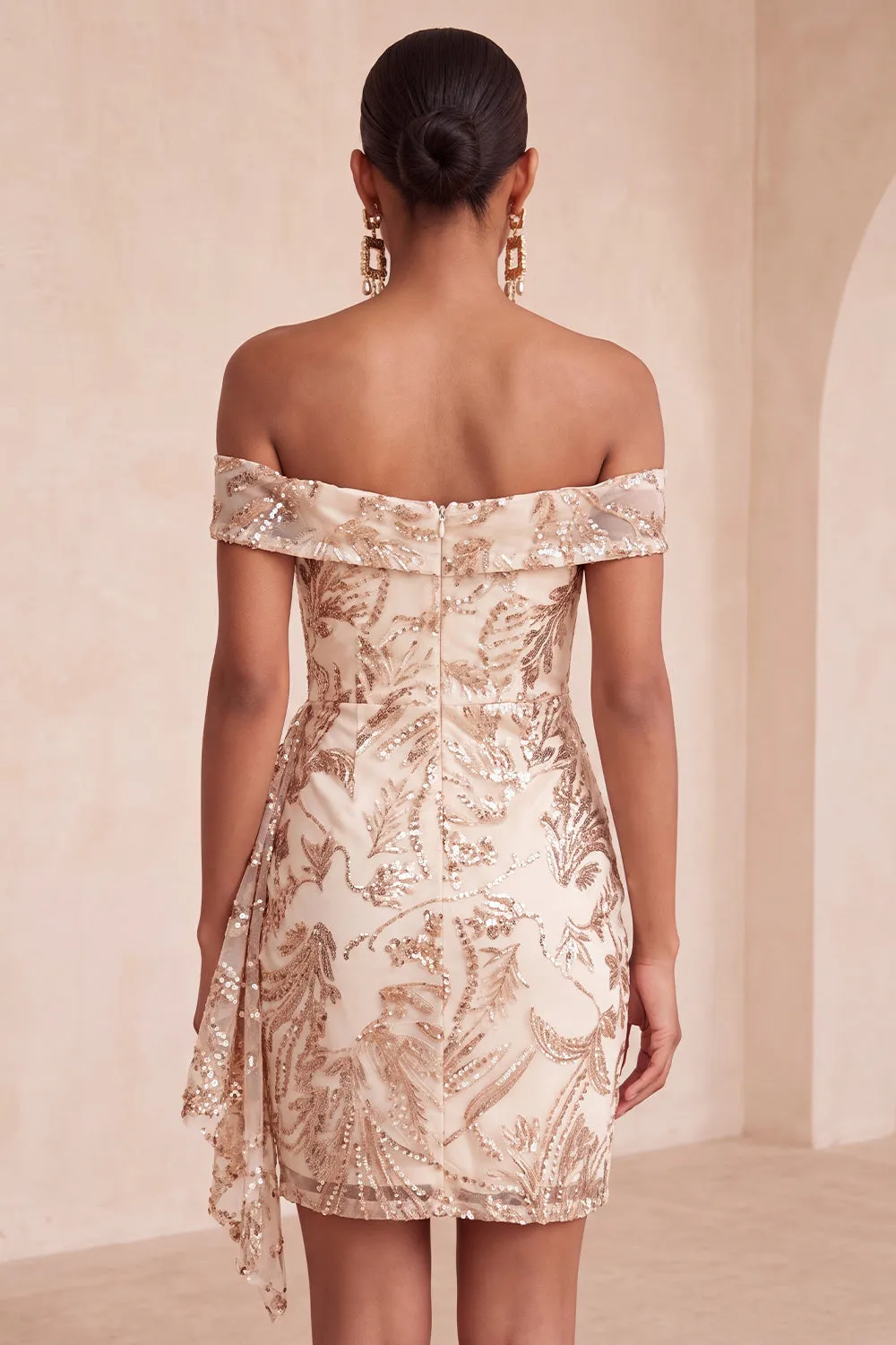 Off the Shoulder Champagne Bodycon Sequins Short Homecoming Dress with Sash sold by Zapaka product image thumbnail 3