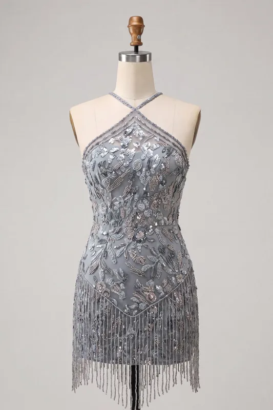 Halter Neck Grey Bodycon Floral Beaded Short Homecoming Dress with Fringes made by Zapaka