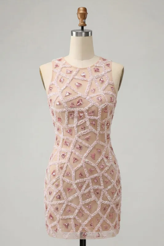 Blush Bodycon Round Neck Short Homecoming Dress with Beading made by Zapaka