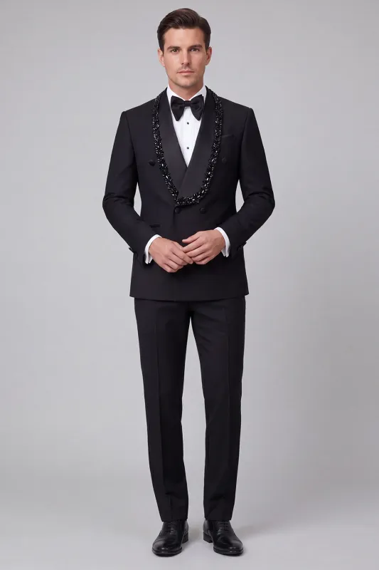 Shawl Lapel 2 Piece Black Double Breasted Beaded Men's Prom Suits made by Zapaka