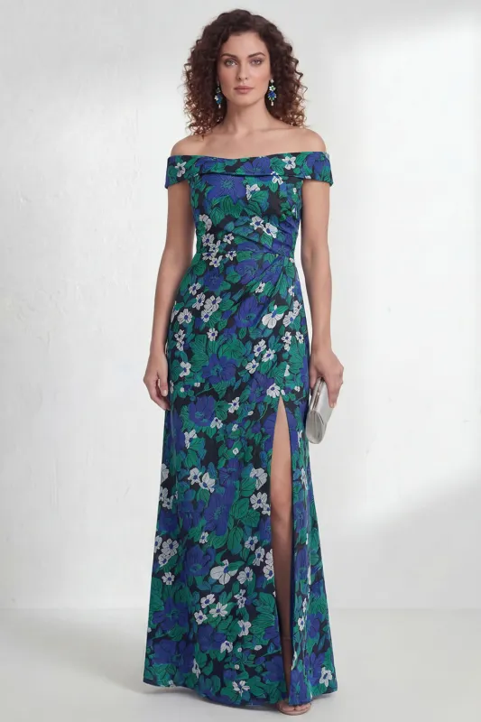 Off the Shoulder Green Flower Mermaid Ruched Long Mother of the Bride Dress with Slit made by Zapaka