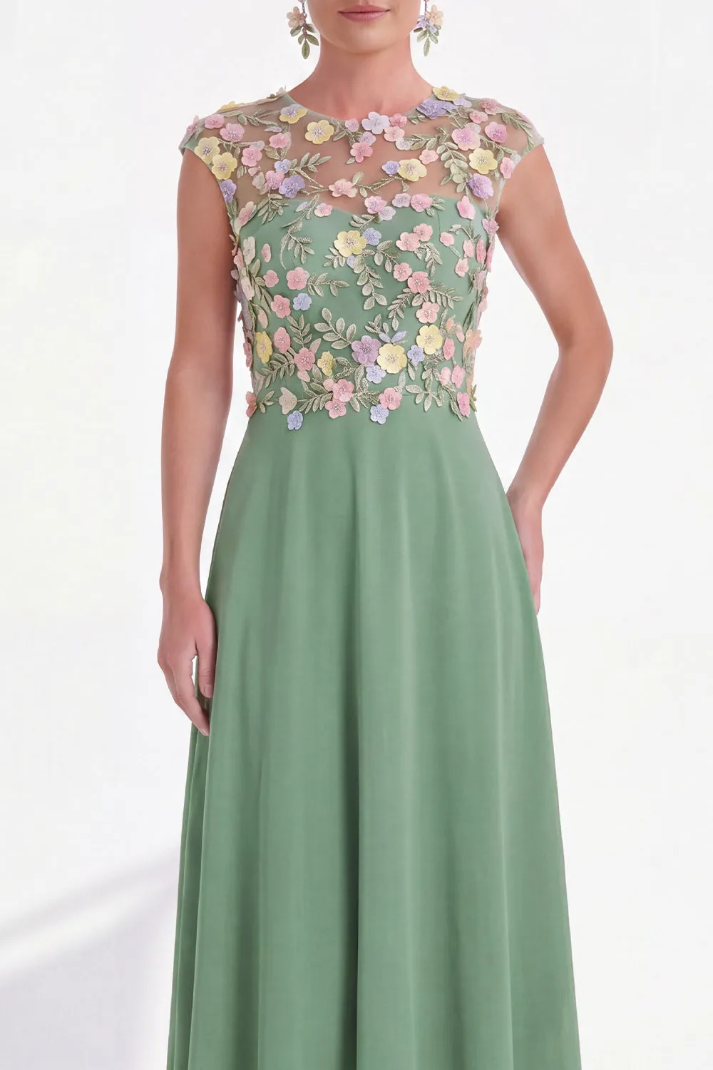 Green Floral A-Line Round Neck Appliqued Long Mother of the Bride Dress with Cap Sleeves sold by Zapaka product image thumbnail 3