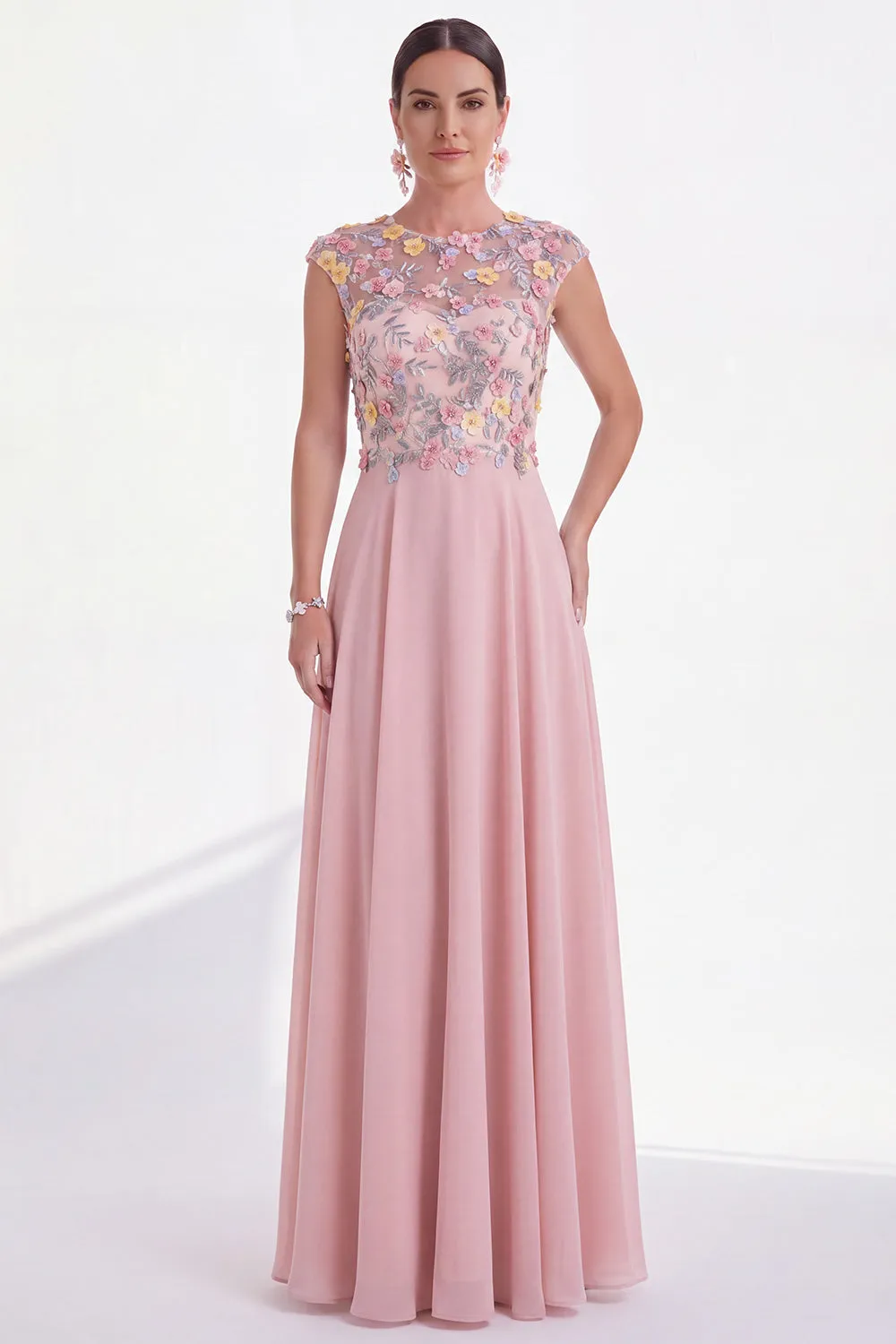 Green Floral A-Line Round Neck Appliqued Long Mother of the Bride Dress with Cap Sleeves sold by Zapaka product image thumbnail 5