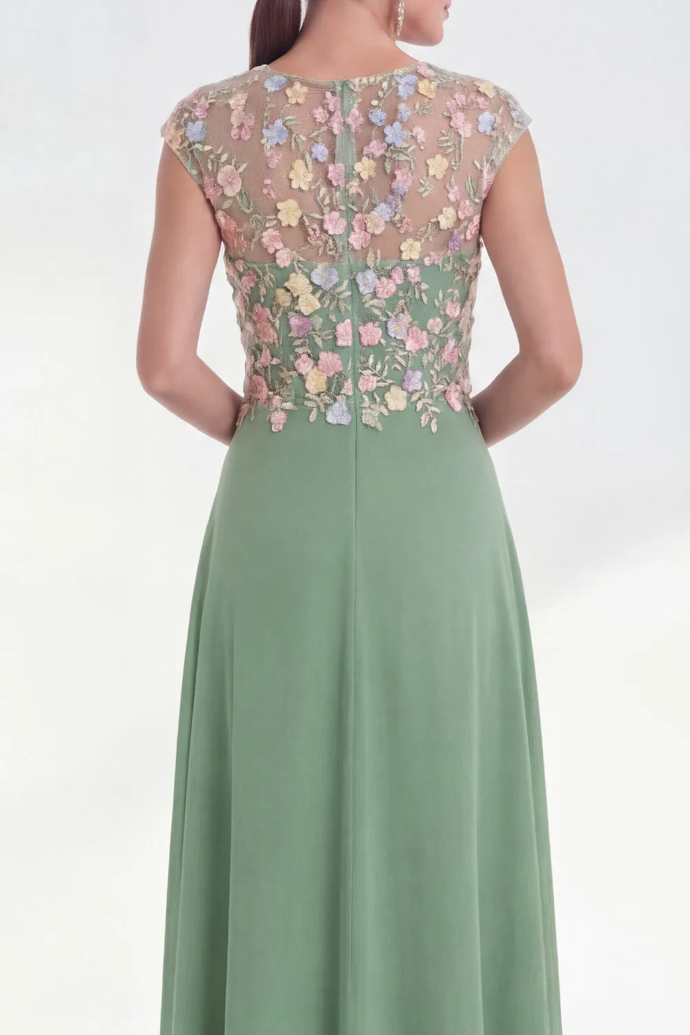 Green Floral A-Line Round Neck Appliqued Long Mother of the Bride Dress with Cap Sleeves sold by Zapaka product image thumbnail 4