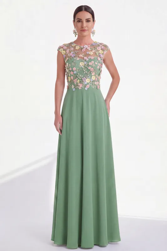 Green Floral A-Line Round Neck Appliqued Long Mother of the Bride Dress with Cap Sleeves made by Zapaka