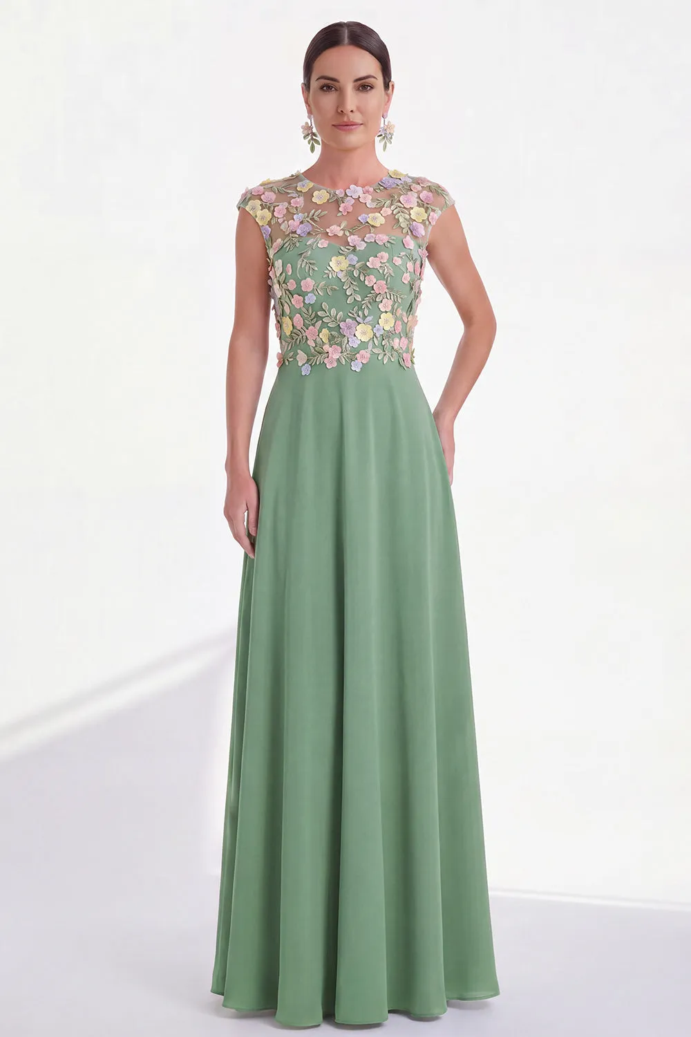 Green Floral A-Line Round Neck Appliqued Long Mother of the Bride Dress with Cap Sleeves sold by Zapaka