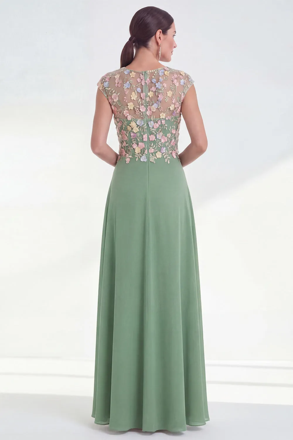 Green Floral A-Line Round Neck Appliqued Long Mother of the Bride Dress with Cap Sleeves sold by Zapaka product image thumbnail 2