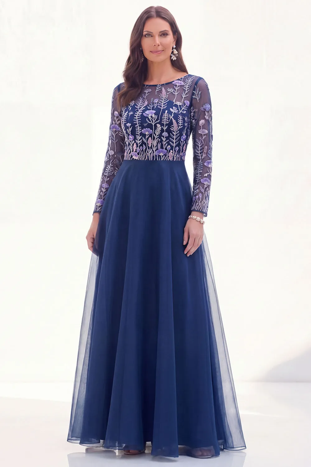 Chiffon Green A-Line Bateau Neck Floral Mother Of the Bride Dress with Long Sleeves sold by Zapaka product image thumbnail 5