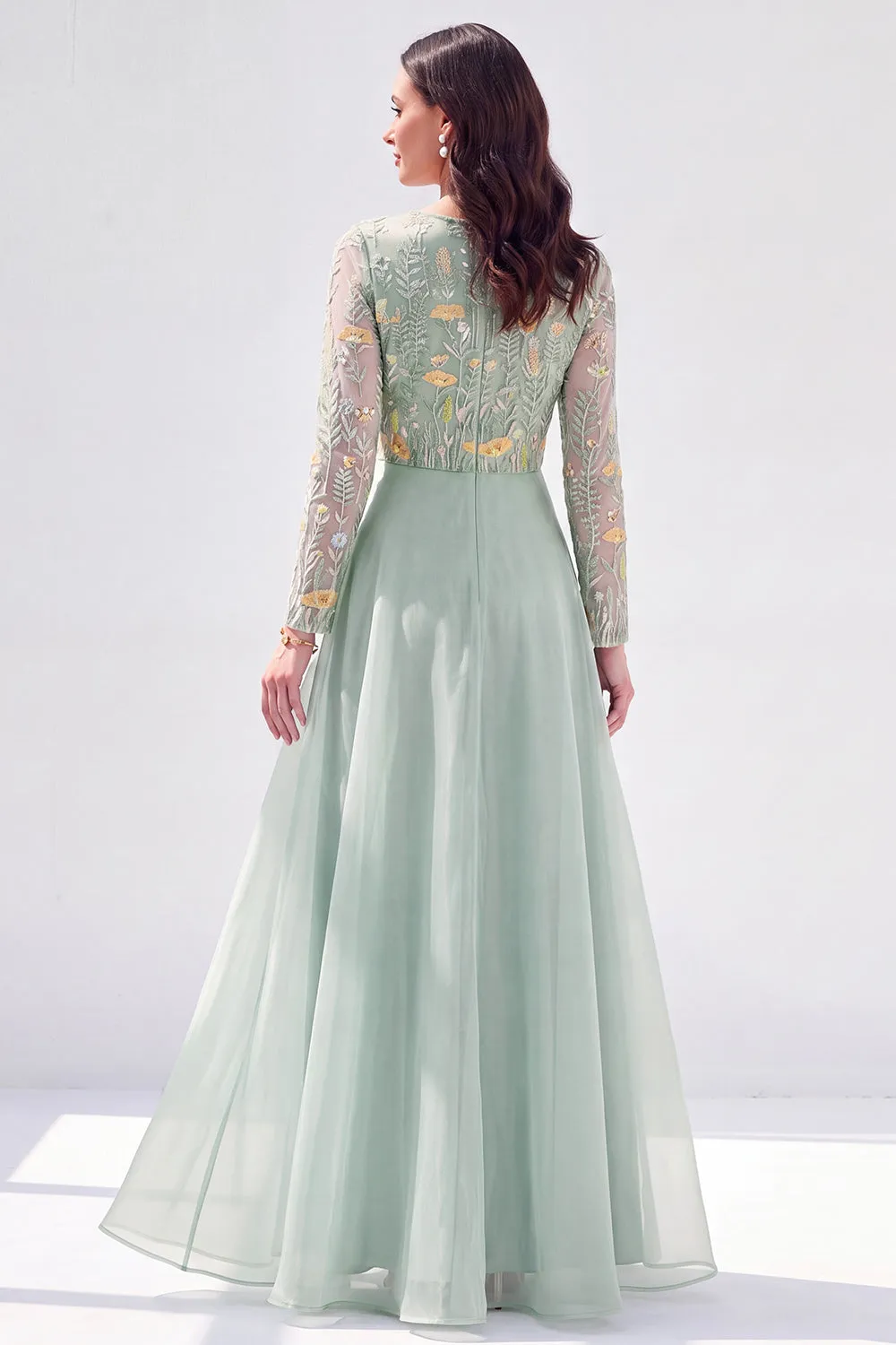 Chiffon Green A-Line Bateau Neck Floral Mother Of the Bride Dress with Long Sleeves sold by Zapaka product image thumbnail 2
