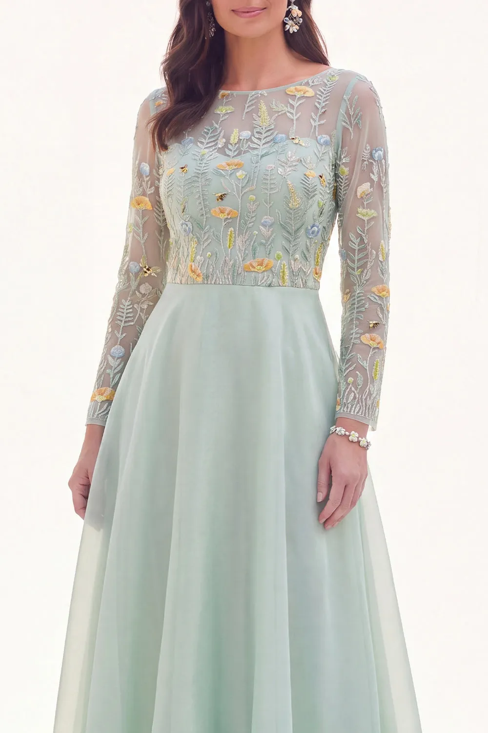 Chiffon Green A-Line Bateau Neck Floral Mother Of the Bride Dress with Long Sleeves sold by Zapaka product image thumbnail 3
