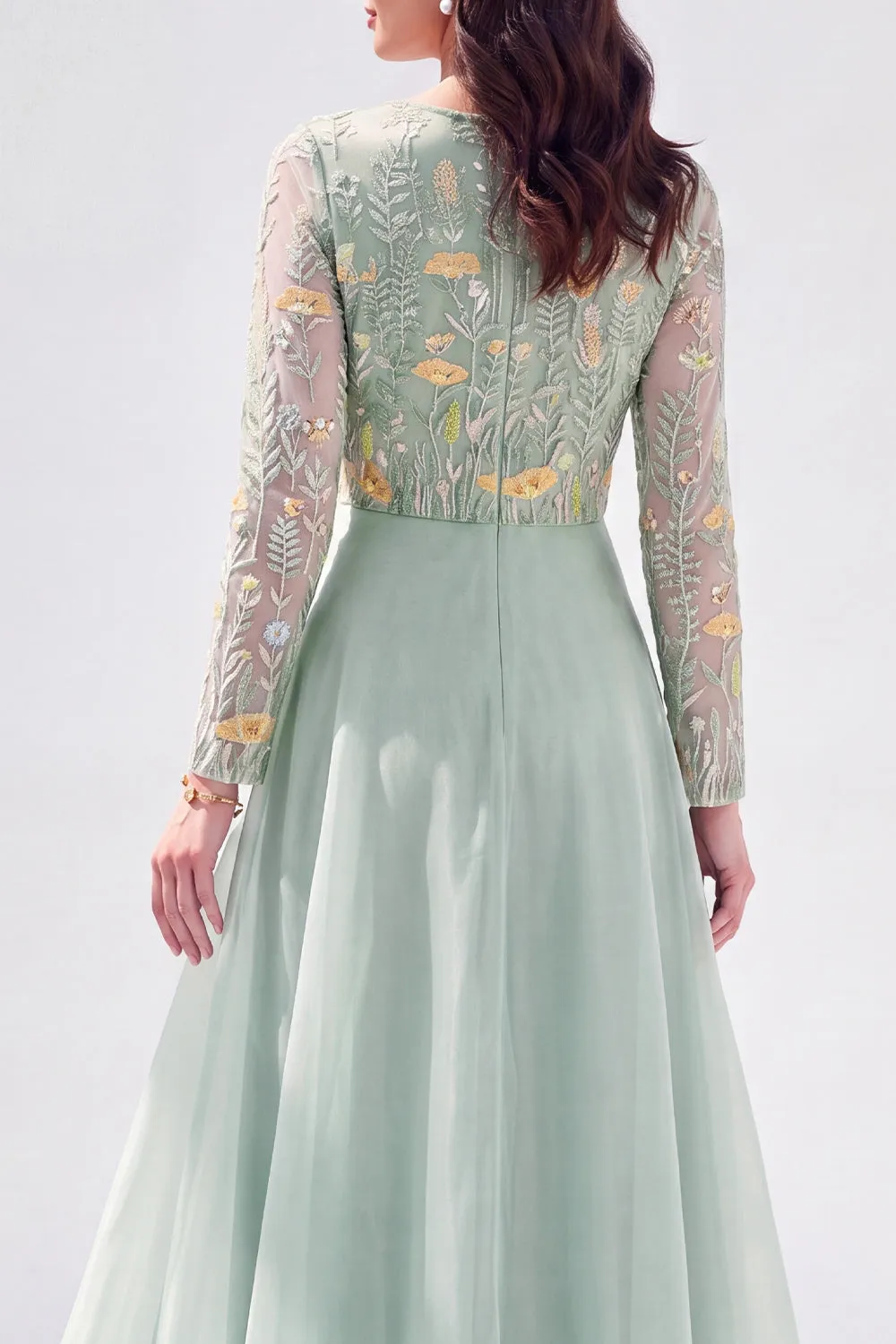Chiffon Green A-Line Bateau Neck Floral Mother Of the Bride Dress with Long Sleeves sold by Zapaka product image thumbnail 4