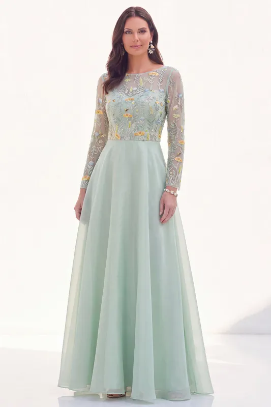Chiffon Green A-Line Bateau Neck Floral Mother Of the Bride Dress with Long Sleeves made by Zapaka