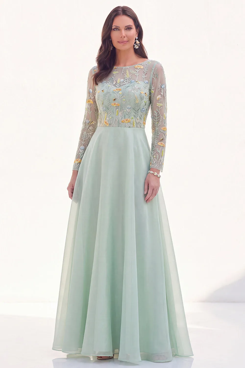 Chiffon Green A-Line Bateau Neck Floral Mother Of the Bride Dress with Long Sleeves sold by Zapaka