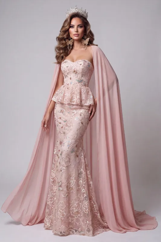 Sweetheart Blush Mermaid Floral Ruffled Sequins Long Pageant Dress with Cape made by Zapaka