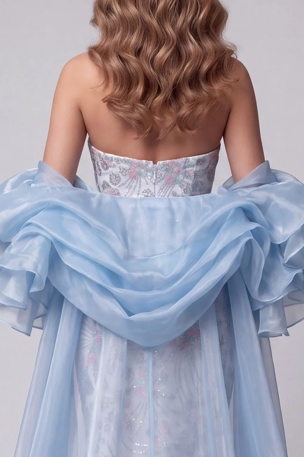 Light Blue Strapless Mermaid Floral Beaded Long Pageant Dress with Ruffle Train sold by Zapaka product image thumbnail 4