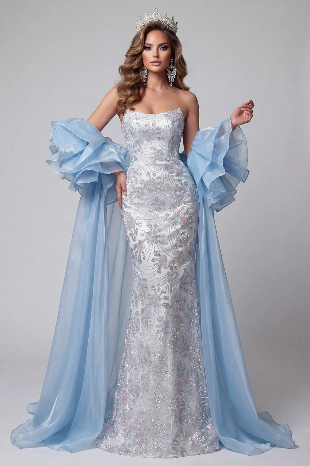 Light Blue Strapless Mermaid Floral Beaded Long Pageant Dress with Ruffle Train sold by Zapaka