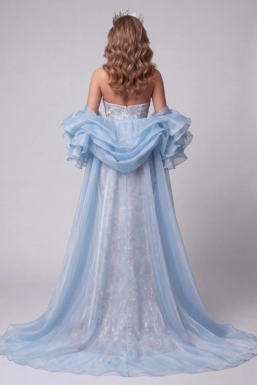 Light Blue Strapless Mermaid Floral Beaded Long Pageant Dress with Ruffle Train sold by Zapaka product image thumbnail 2