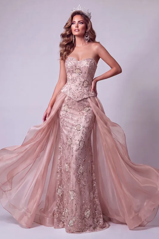 Mermaid Blush Sweetheart Floral Sequins Lace Up Back Pageant Dress with Ruffle Overskirt made by Zapaka