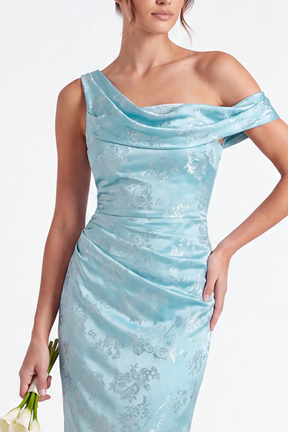 One Shoulder Dark Navy Mermaid Satin Ruched Floral Long Bridesmaid Dress sold by Zapaka product image thumbnail 5