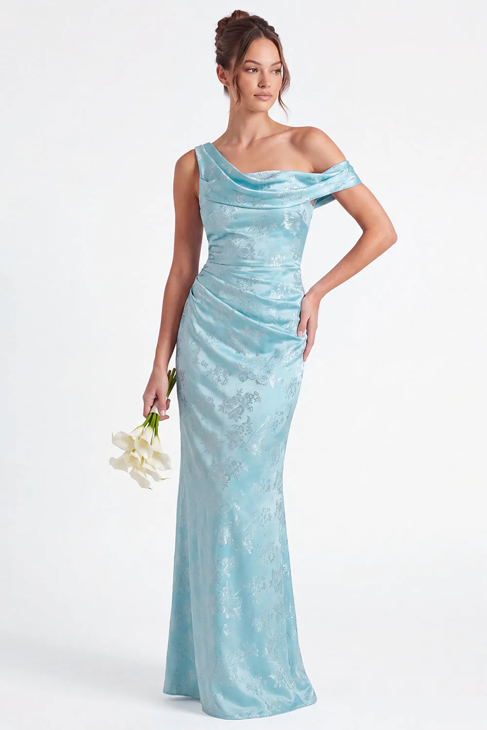 One Shoulder Dark Navy Mermaid Satin Ruched Floral Long Bridesmaid Dress sold by Zapaka product image thumbnail 2