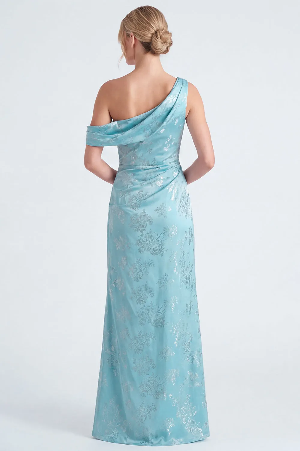 One Shoulder Dark Navy Mermaid Satin Ruched Floral Long Bridesmaid Dress sold by Zapaka product image thumbnail 3