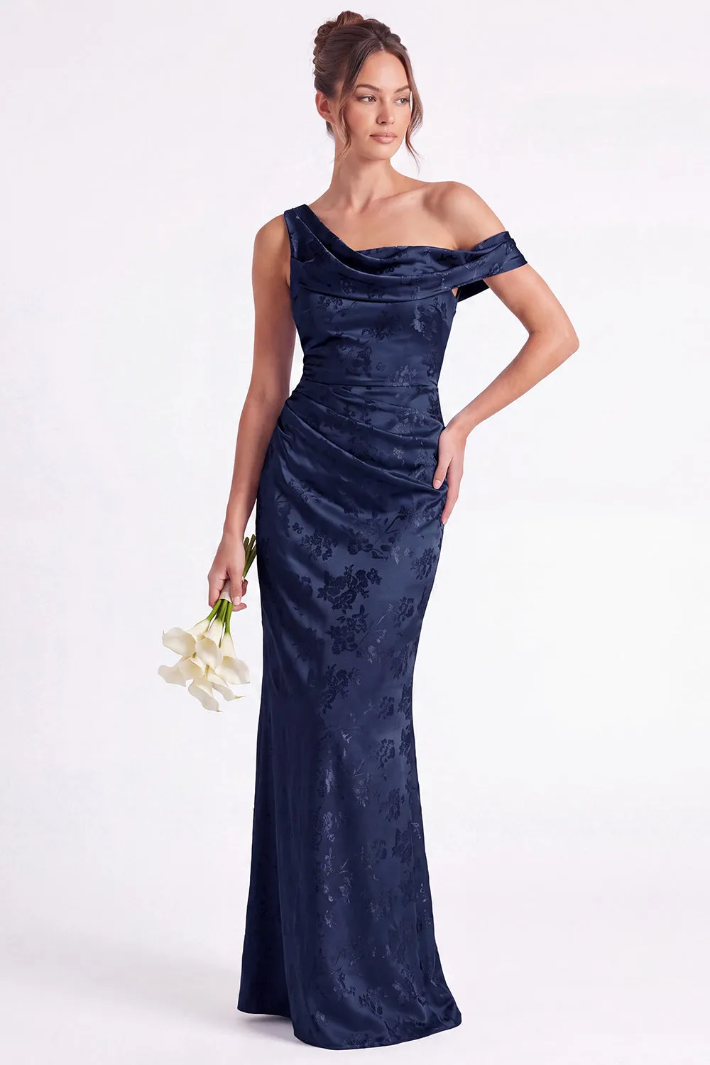 One Shoulder Dark Navy Mermaid Satin Ruched Floral Long Bridesmaid Dress sold by Zapaka
