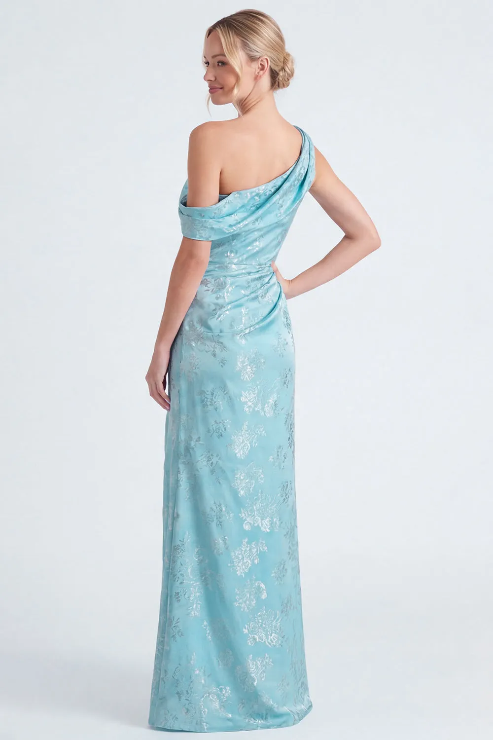 One Shoulder Dark Navy Mermaid Satin Ruched Floral Long Bridesmaid Dress sold by Zapaka product image thumbnail 4