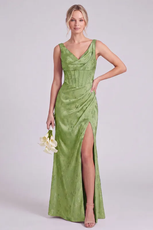 Mermaid Green V-Neck Floral Corset Ruched Long Bridesmaid Dress with Slit made by Zapaka
