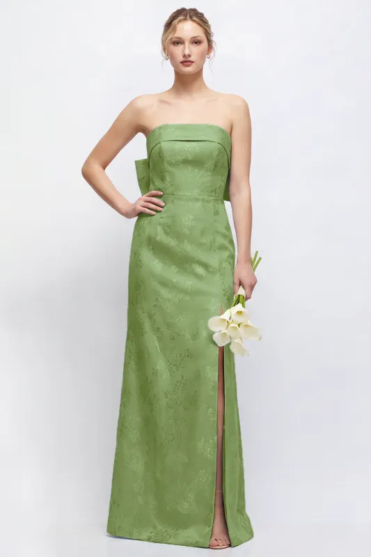Green Strapless Sheath Satin Floral Long Bridesmaid Dress with Slit made by Zapaka