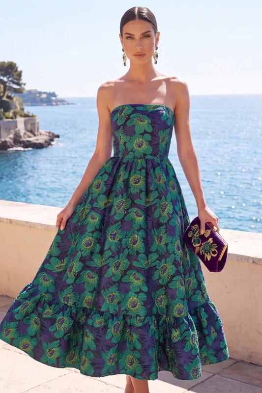 Dark Green Strapless A-Line Jacquard Midi Floral Dress with Ruffles made by Zapaka