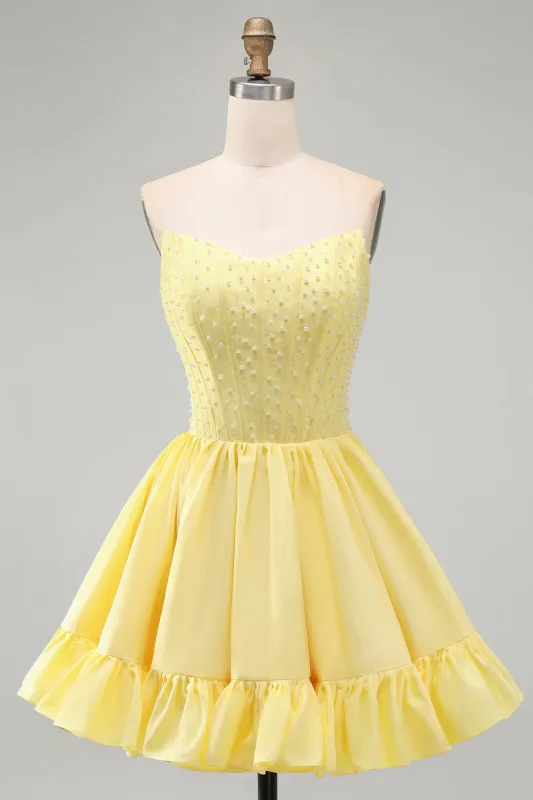 Yellow A-Line Strapless Pearls Corset Short Homecoming Dress with Ruffles made by Zapaka