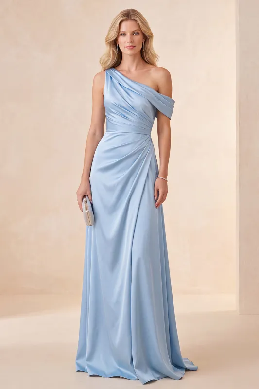 Sky Blue One Shoulder A-Line Satin Ruched Maxi Dress made by Zapaka