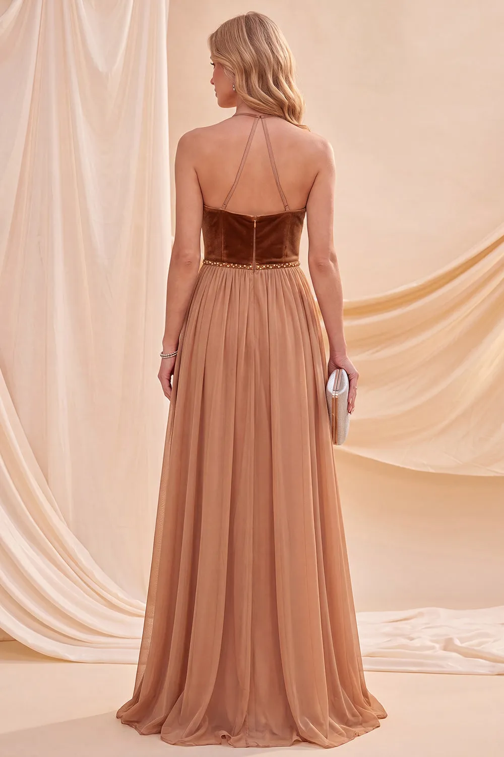 Khaki Halter Neck A-Line Maxi Dress with Beading sold by Zapaka product image thumbnail 2