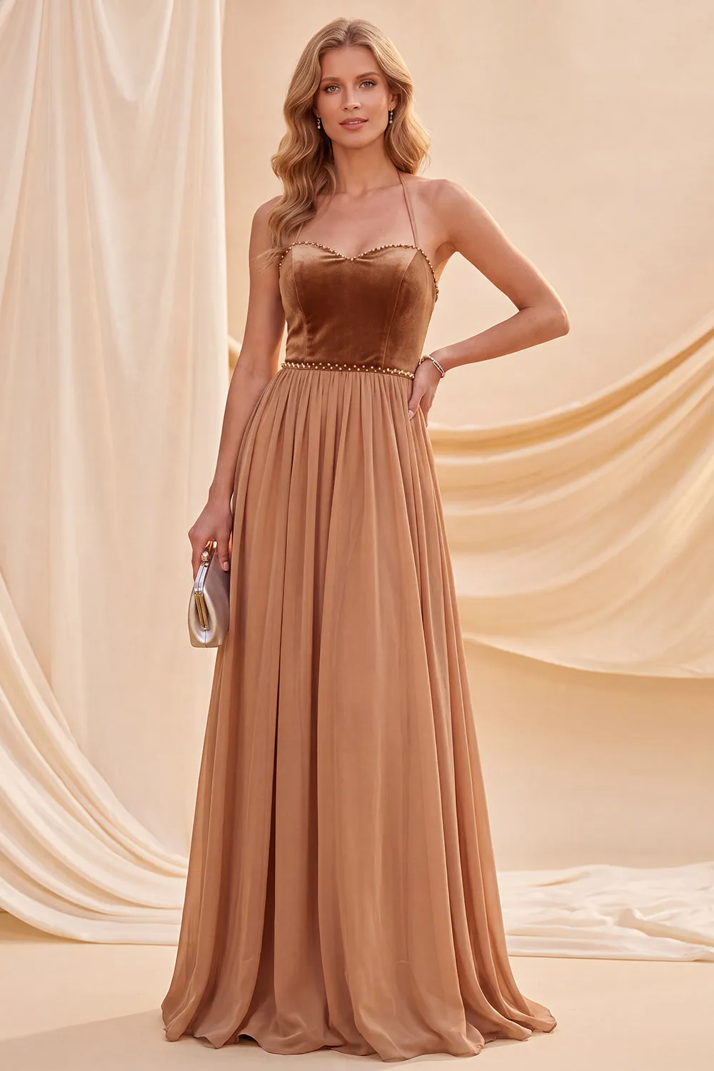 Khaki Halter Neck A-Line Maxi Dress with Beading sold by Zapaka