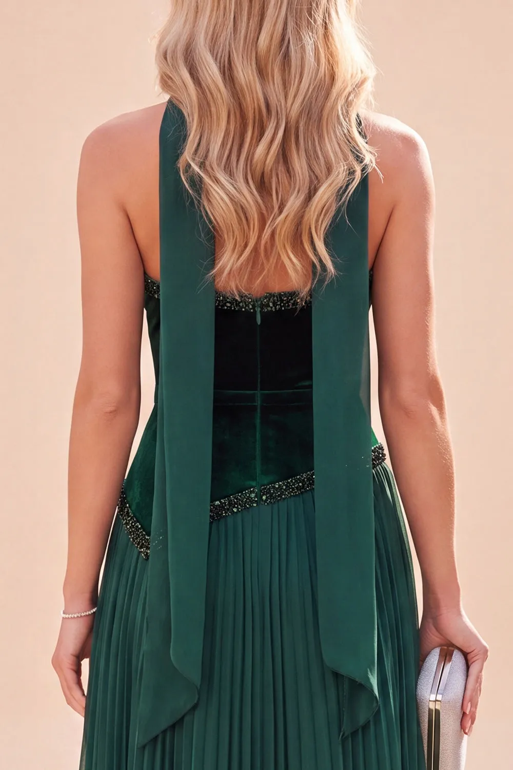 Halter Neck Dark Green A-Line Pleated Maxi Dress sold by Zapaka product image thumbnail 5