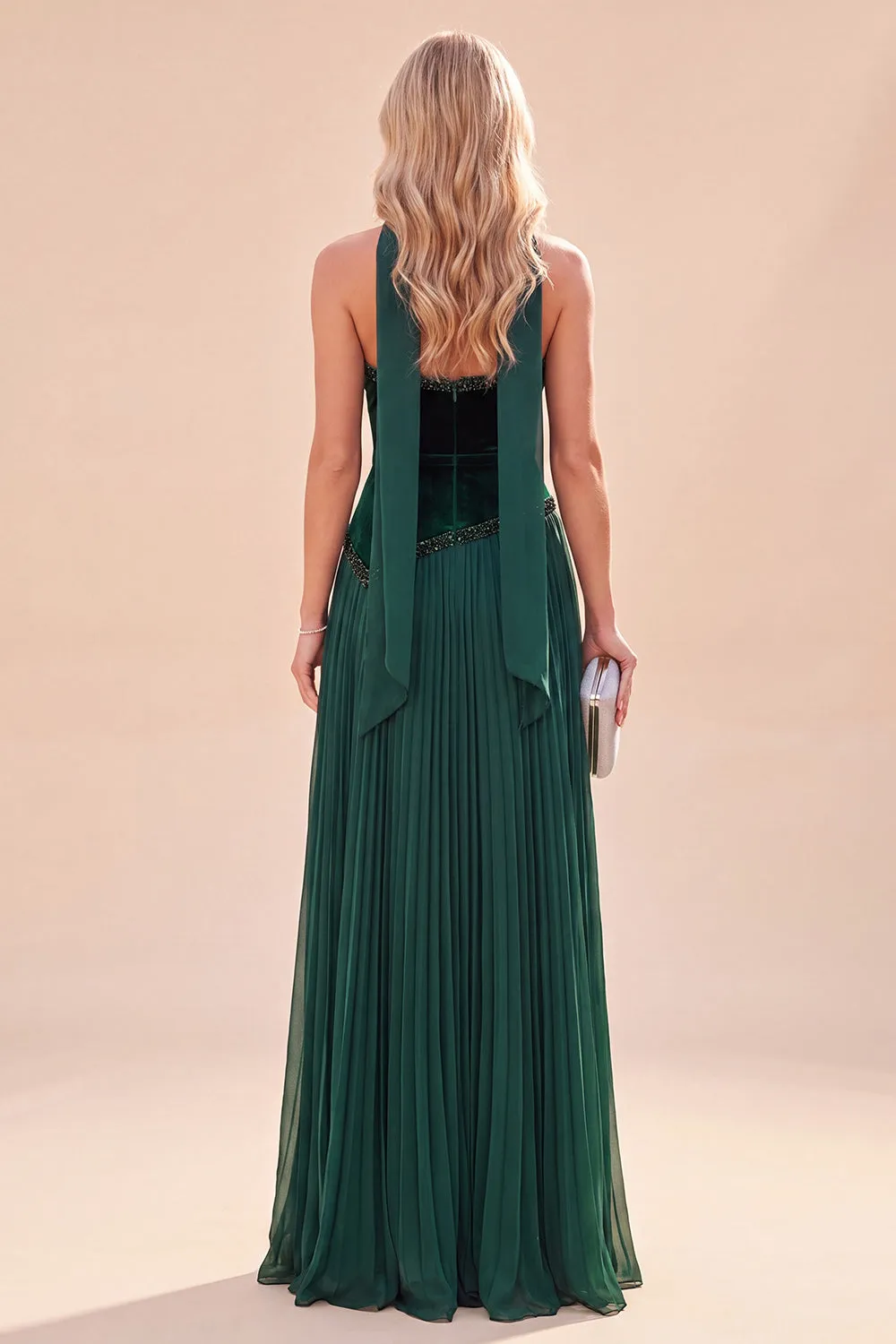 Halter Neck Dark Green A-Line Pleated Maxi Dress sold by Zapaka product image thumbnail 2