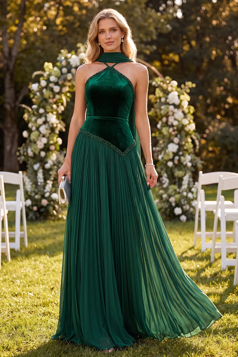 Halter Neck Dark Green A-Line Pleated Maxi Dress sold by Zapaka product image thumbnail 3